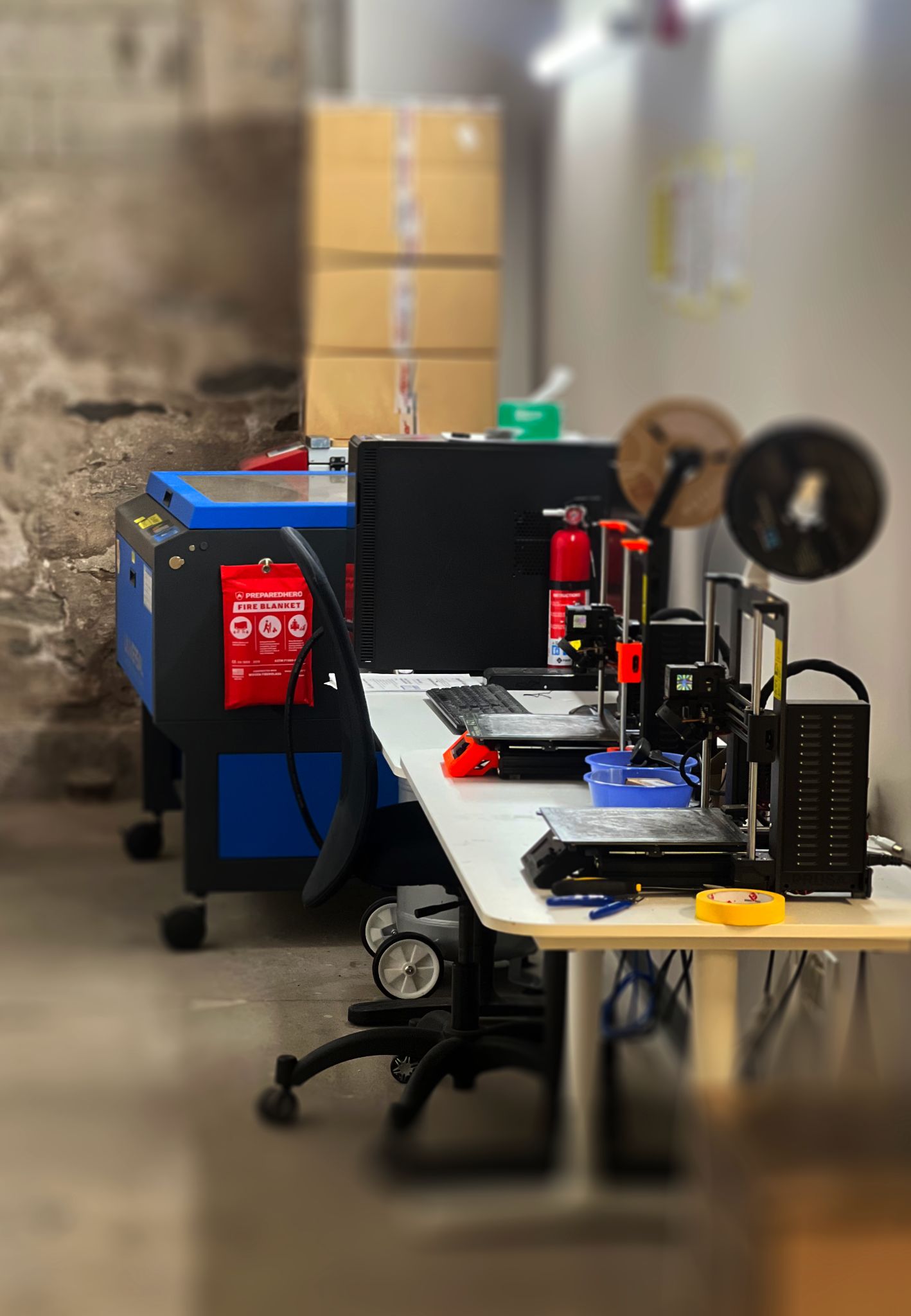 3D printing and laser cutting station with multiple machines