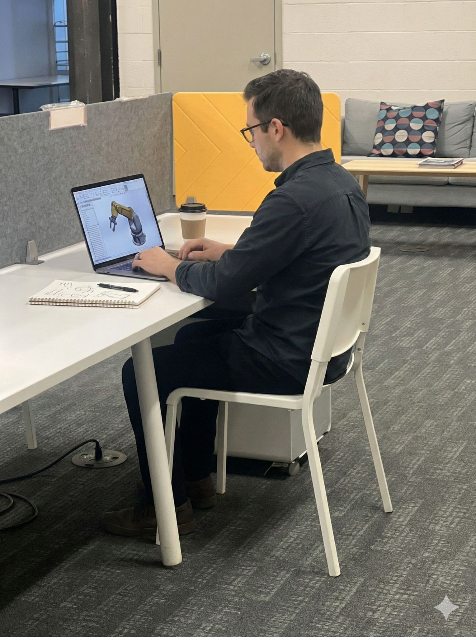 Professional working at a dedicated desk with CAD software on laptop