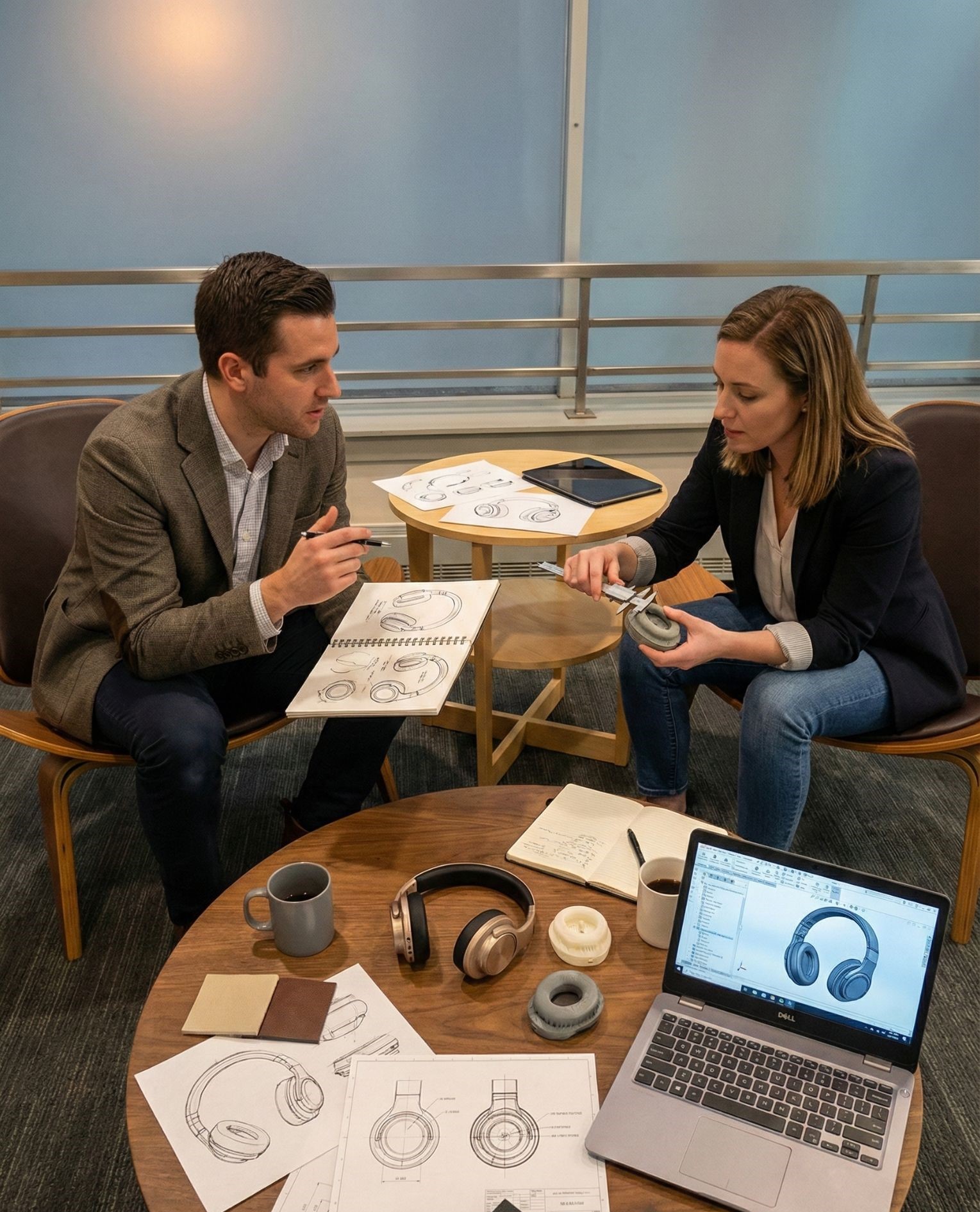 Two professionals reviewing product designs and prototypes at a collaboration table