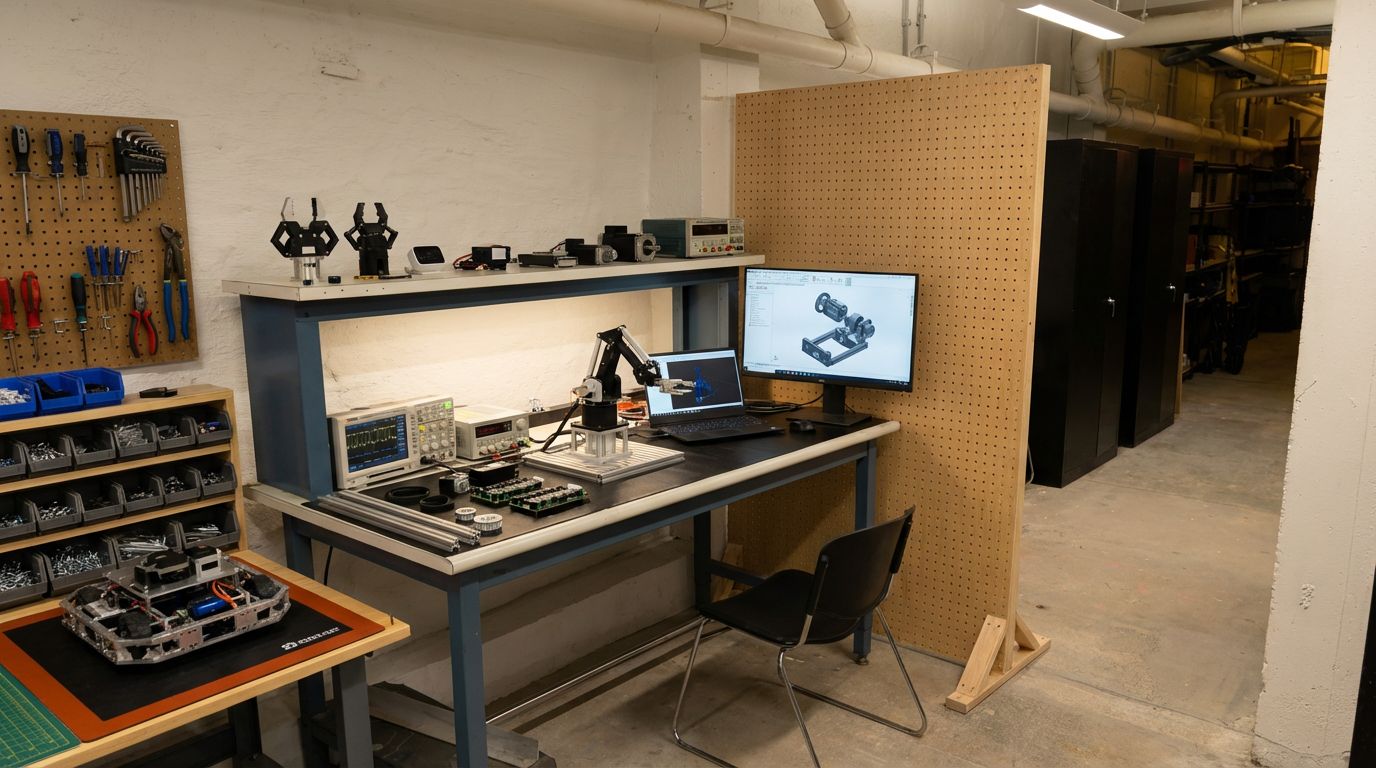 Garage workspace with electronics workbench and prototyping equipment